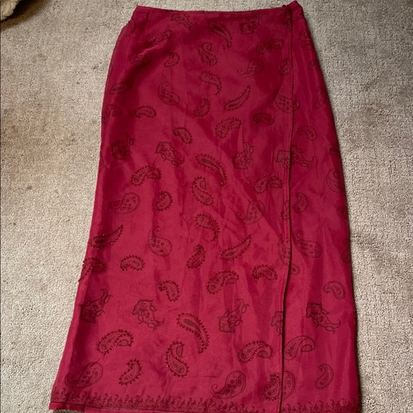 Silk Burgundy Maxi Wrap Skirt with Paisleys and embellishments - Picture 1 of 12